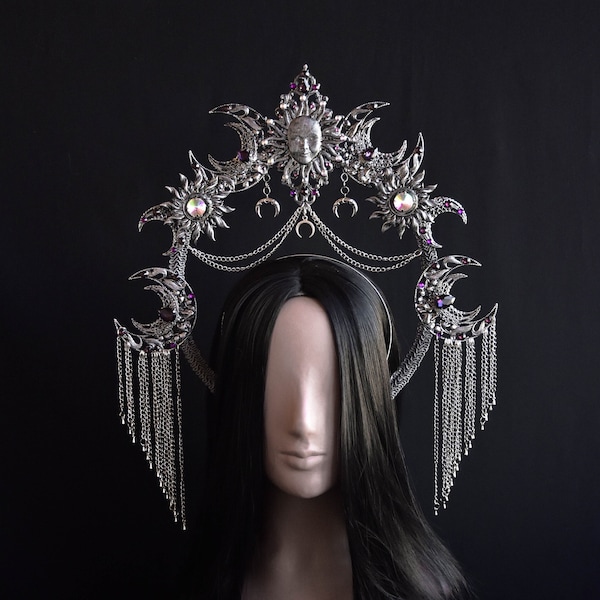 Moon and Sun Halo Crown, Gothic Headpiece, Witch Cosplay Tiara