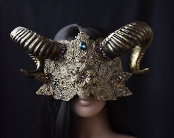 Blind Mask "Veil of Shadows", Horn Headpiece, Demon, Devil Crown, Gothic Witch Crown