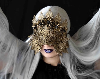Masque aveugle doré Masque gothique avec fleurs Masque fantastique Masque d’Halloween