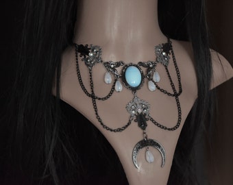 Moonstone Crystal Necklace, Gothic Black Necklace, Moon Pendant, Witch Necklace