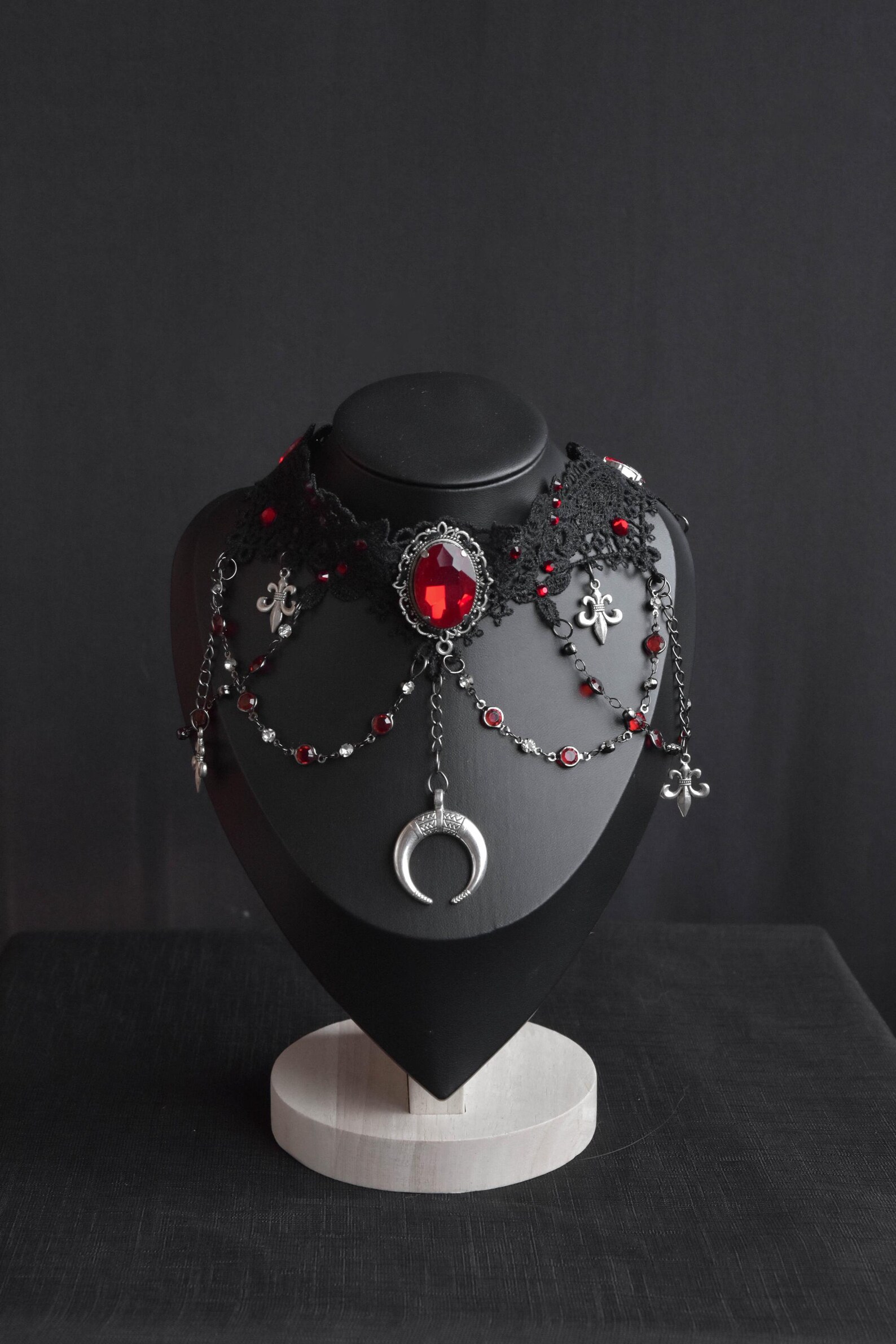 Vampire Lace Choker, Gothic Choker With Red Gems, Lace Choker Necklace ...