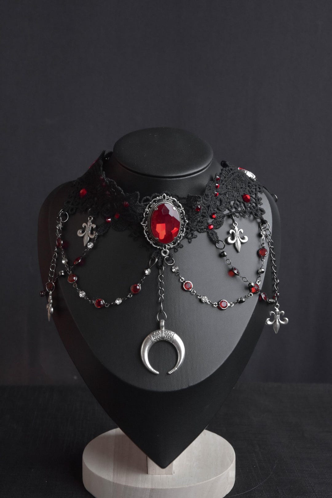 Vampire Lace Choker, Gothic Choker With Red Gems, Lace Choker Necklace ...