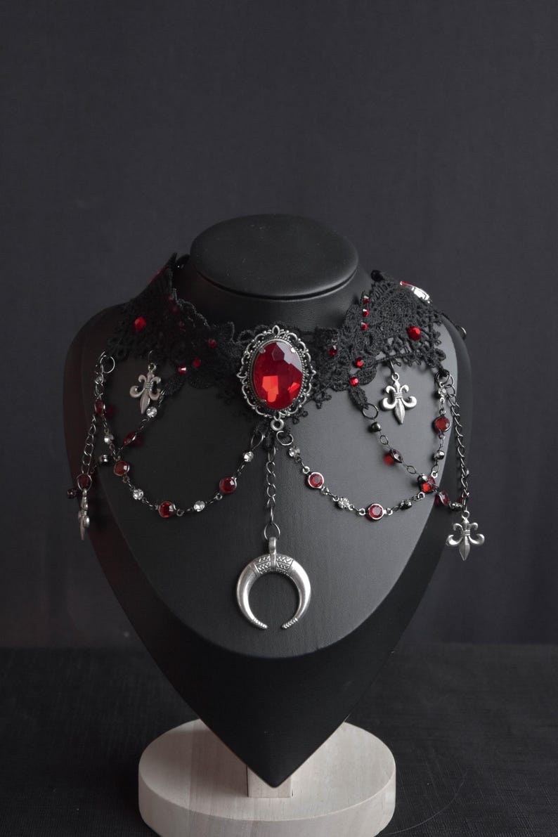 Vampire Lace Choker, Gothic Choker With Red Gems, Lace Choker Necklace ...