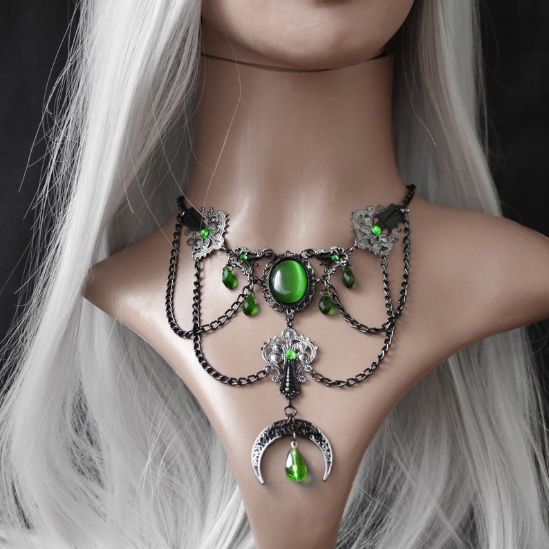 Silver Black Gothic Necklace with Green Crystals and Cat's Eye Cabochon, Moon Pendant, Wicca Gothic Jewelry, Pagan Necklace image 4