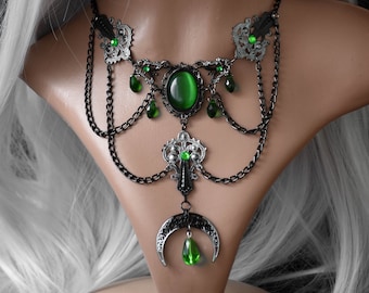 Silver Black Gothic Necklace with Green Crystals and Cat's Eye Cabochon, Moon Pendant, Wicca Gothic Jewelry, Pagan Necklace