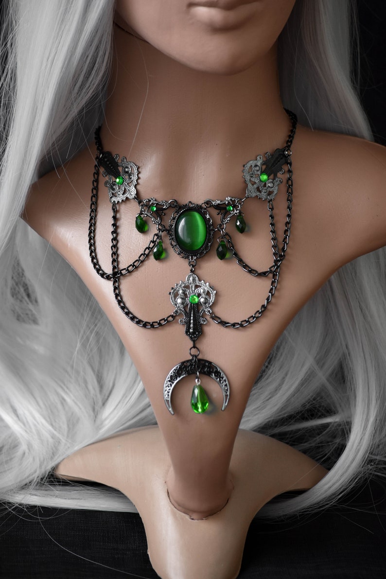 Silver Black Gothic Necklace with Green Crystals and Cat's Eye Cabochon, Moon Pendant, Wicca Gothic Jewelry, Pagan Necklace image 1