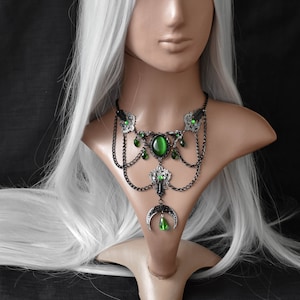 Silver Black Gothic Necklace with Green Crystals and Cat's Eye Cabochon, Moon Pendant, Wicca Gothic Jewelry, Pagan Necklace image 5