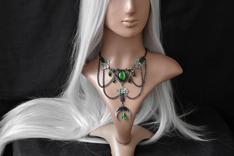 Silver Black Gothic Necklace with Green Crystals and Cat's Eye Cabochon, Moon Pendant, Wicca Gothic Jewelry, Pagan Necklace image 5