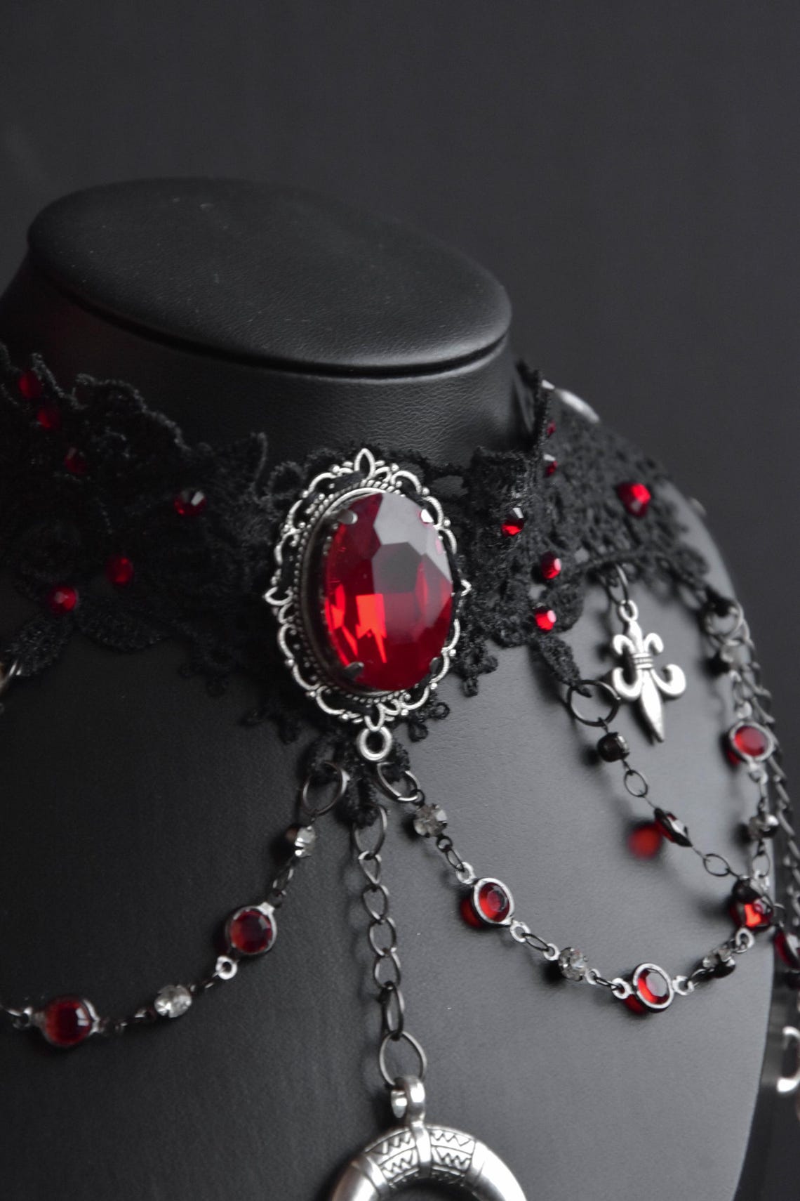 Vampire Lace Choker, Gothic Choker With Red Gems, Lace Choker Necklace ...