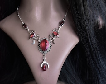 Bat Gothic Necklace "Crimson Nightfall Necklace", Red Crystal Choker, Victorian Vampire Silver Necklace