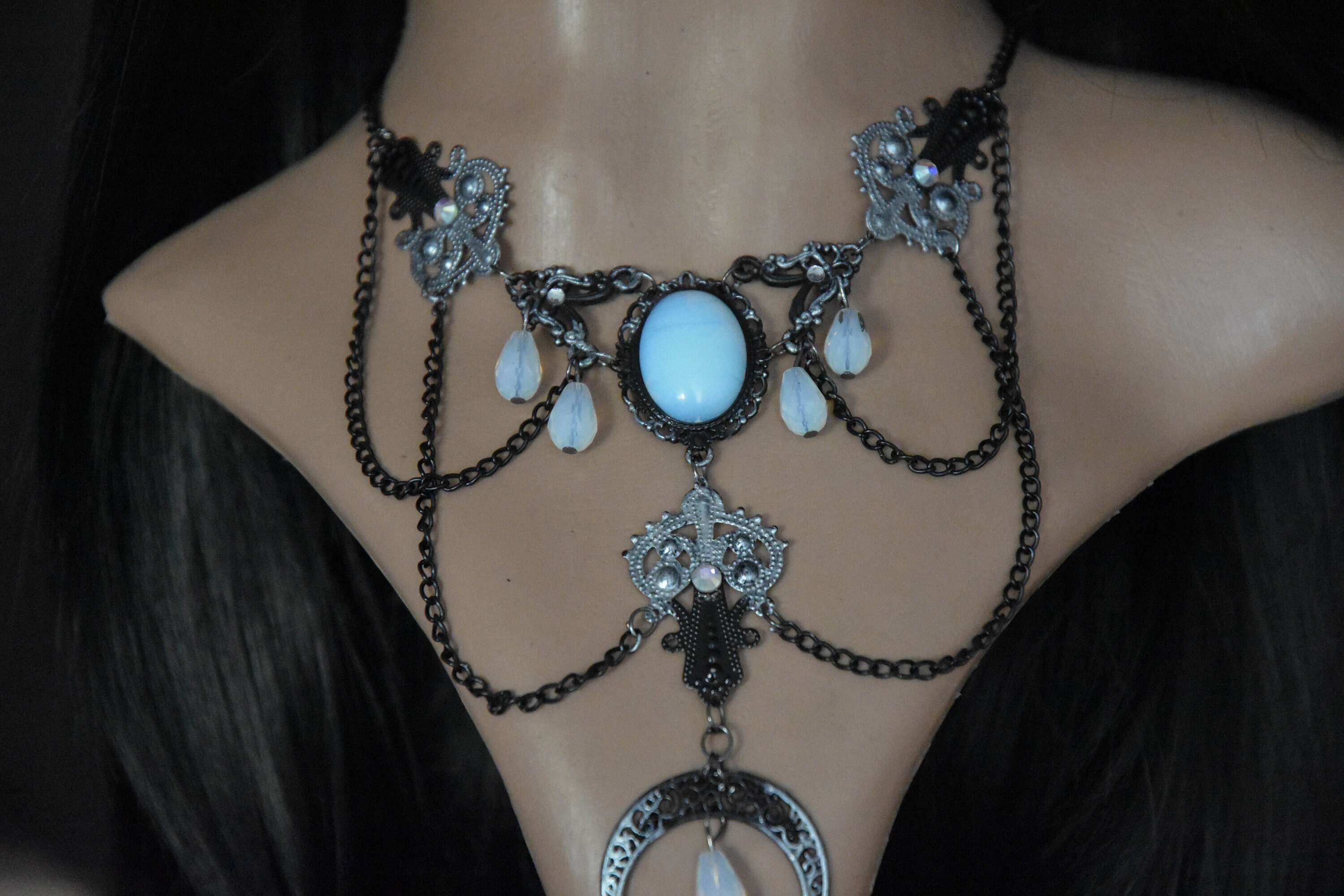 Moonstone Crystal Necklace Gothic Black Necklace Moon - Etsy