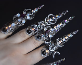 Moon Goddess Claw Rings, Long Claws Set of 5, Witch Cosplay Finger Claws, Goth Jewerly