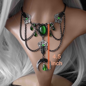 Silver Black Gothic Necklace with Green Crystals and Cat's Eye Cabochon, Moon Pendant, Wicca Gothic Jewelry, Pagan Necklace image 3