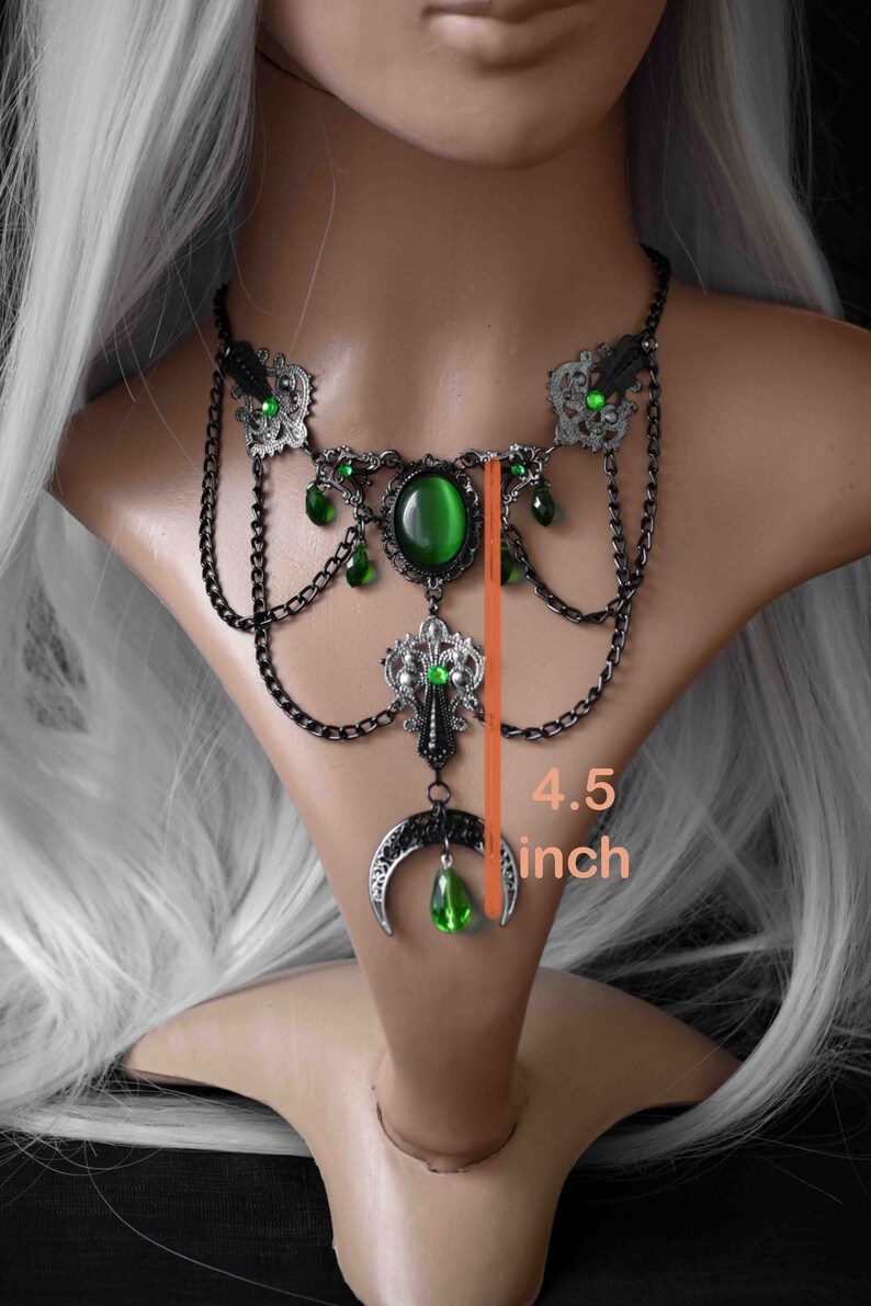 Silver Black Gothic Necklace with Green Crystals and Cat's Eye Cabochon, Moon Pendant, Wicca Gothic Jewelry, Pagan Necklace image 3