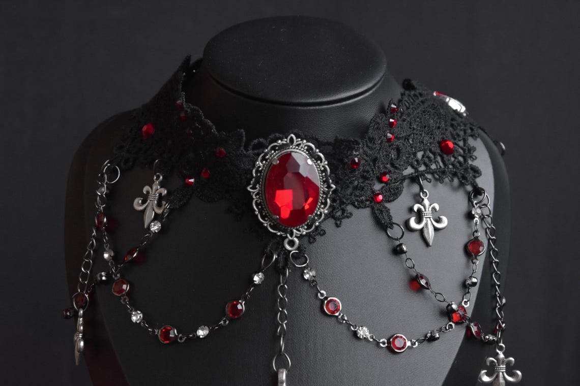 Vampire Lace Choker, Gothic Choker With Red Gems, Lace Choker Necklace ...