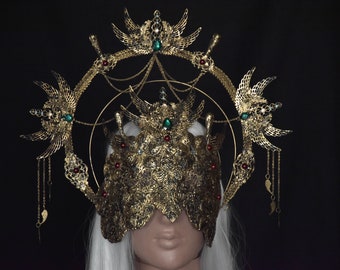 Set aus zweiteiliger Krone und Blindmaske, Gothic-Halo-Krone, Hexenkostüm-Blindmaske