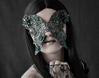 Masque aveugle gothique, masque aveugle noir et argent avec strass verts, masque d’Halloween