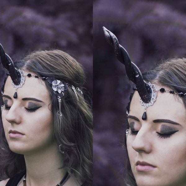 Black Unicorn Horn Headpiece Halloween Headdress Circlet Fantasy Hairband Spiked Hair Jewerly Сosplay Headdress