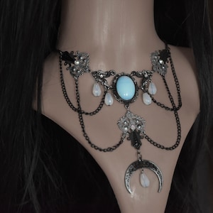 Silver Black Gothic Necklace with Green Crystals and Cat's Eye Cabochon, Moon Pendant, Wicca Gothic Jewelry, Pagan Necklace image 6