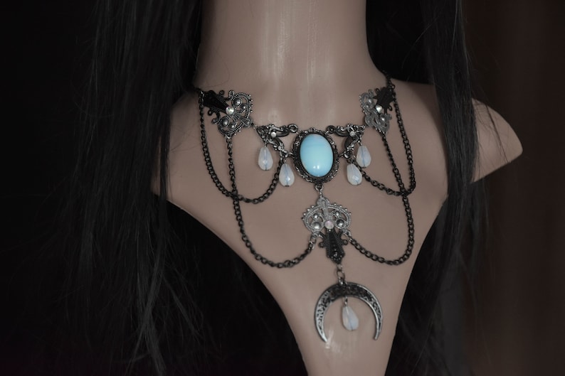 Silver Black Gothic Necklace with Green Crystals and Cat's Eye Cabochon, Moon Pendant, Wicca Gothic Jewelry, Pagan Necklace image 6