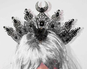 Crown Metal Headdress Goth Black Jeweled 10\