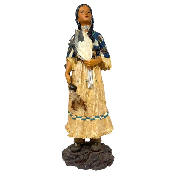 Native American Girl In Traditional Dress Feathers & Gourd Rattle 16" Resin