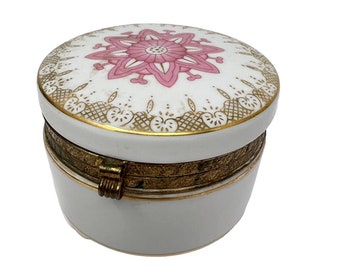 Vintage I. W. Rice Porcelain Hinged TRINKET BOX Handpainted Pink & Gold Accents