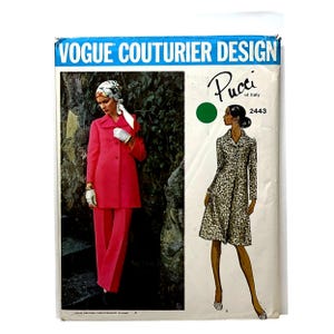May include: A vintage Vogue Couturier Design sewing pattern featuring a Pucci of Italy design. The cover displays a woman in a red suit and another in a patterned coat. The text "Vogue Couturier Design" is at the top.