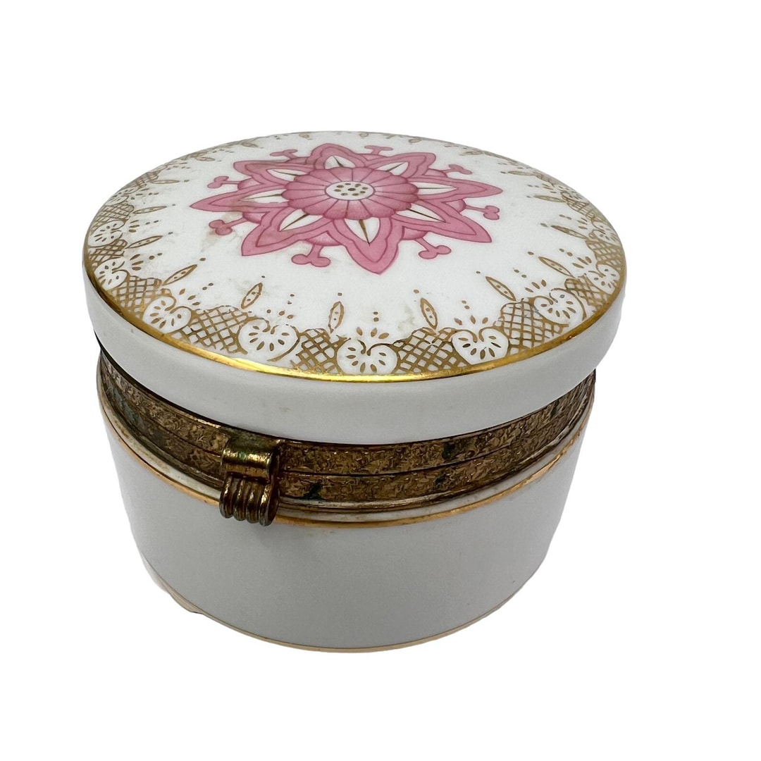 Vintage I. W. Rice Porcelain Hinged TRINKET BOX Handpainted Pink & Gold ...