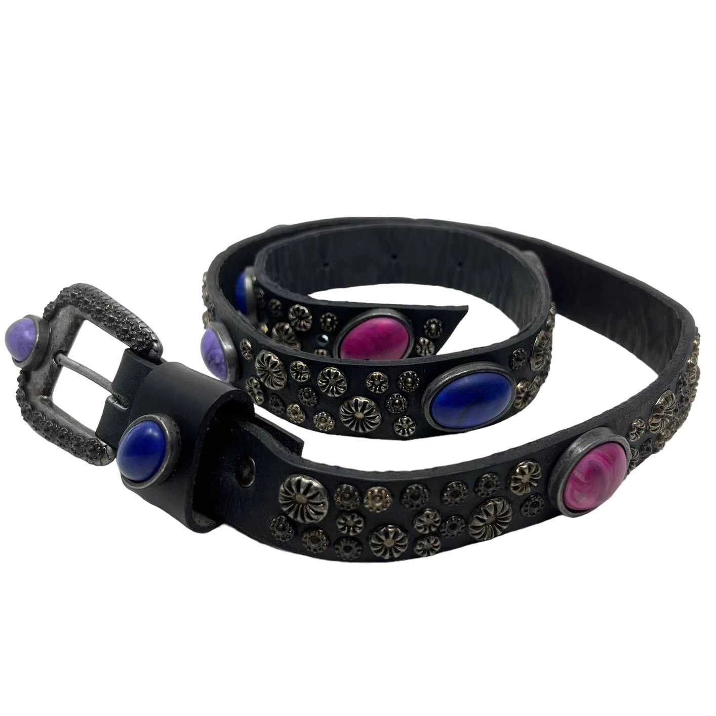 MICHAEL MORRISON-Black Hide Leather Belt with crystals on buckle, end tip & loop MICHAEL MORRISON-Black Hide Leather Belt with crystals on  main image 2