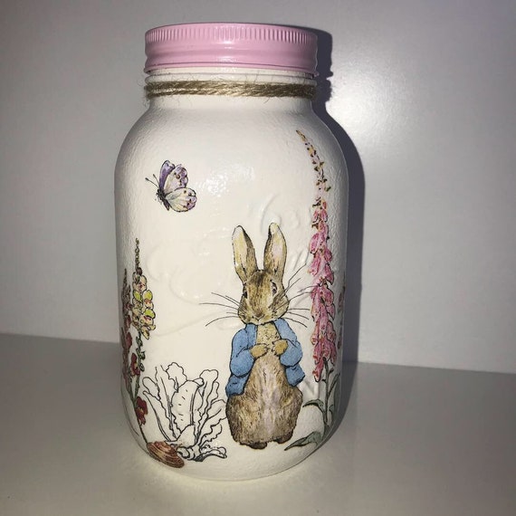 Hand painted decoupaged peter rabbit mason jar baby keepsake baby shower gift