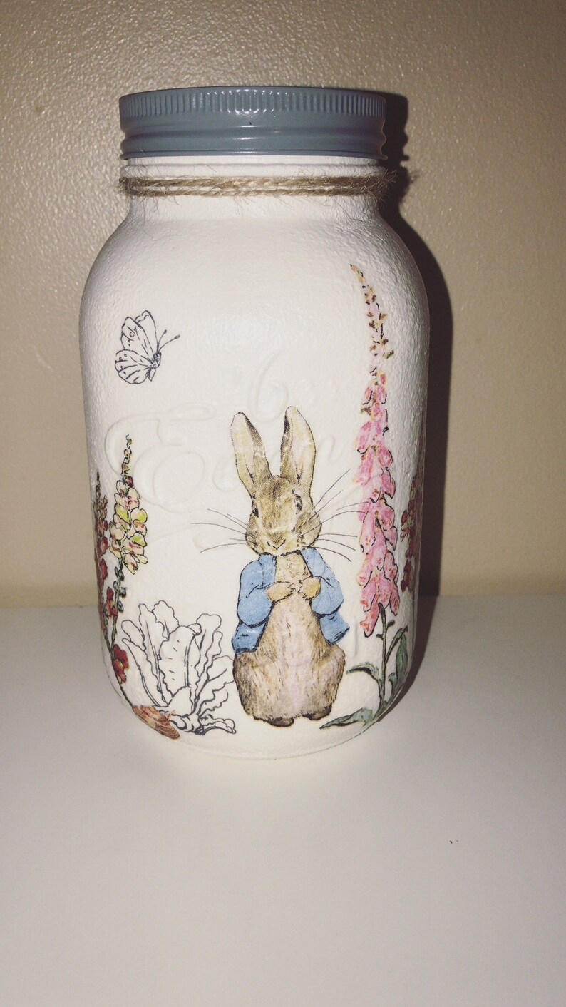 Hand painted decoupaged peter rabbit mason jar baby keepsake baby shower gift