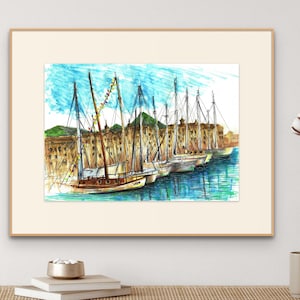 Affiche A4 A3 I Port maritime Palerme I Imprimer Aquarelle I Nautica Yacht I Voile peinture I Sicile Italie