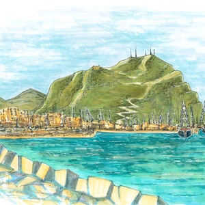 May include: A watercolor painting of a harbor scene with a large green hill in the background. The hill has a winding road leading to the top. There are several boats and ships in the harbor, and a stone breakwater in the foreground.