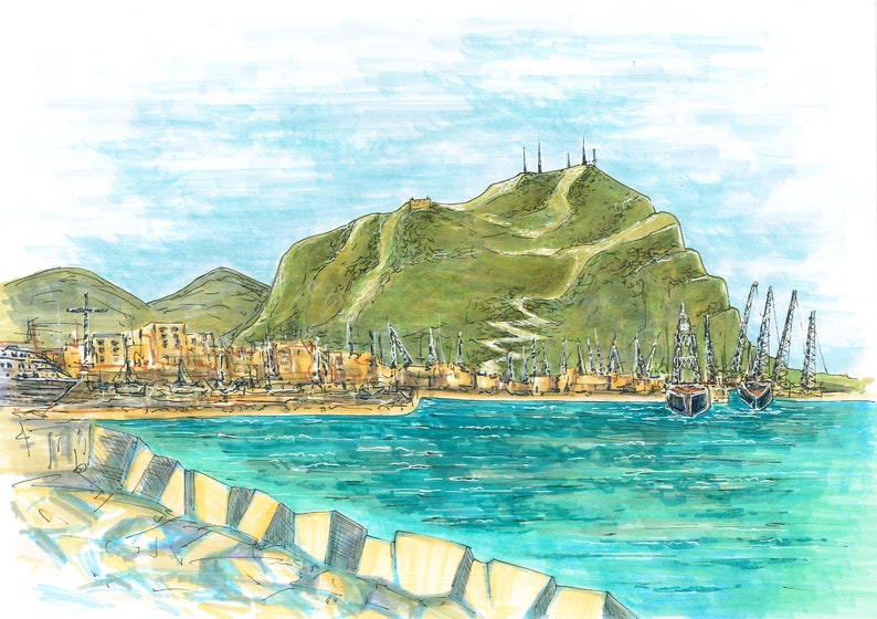 May include: A watercolor painting of a harbor scene with a large green hill in the background. The hill has a winding road leading to the top. There are several boats and ships in the harbor, and a stone breakwater in the foreground.