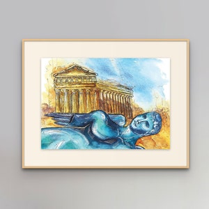 Poster aquarel Vallei van tempels I Print Agrigento I Tempel van Concordia ansichtkaart I Griekse architectuur standbeeld van Icarus I Sicilië I Italië