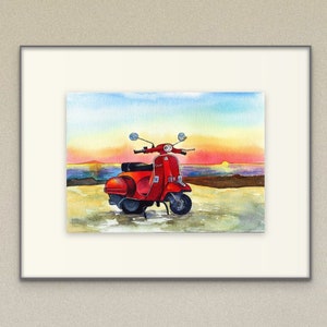 Affiche Vespa I Imprimer aquarelle I Peinture vespa rouge italienne I Paysage Sicile Carte postale