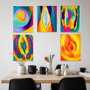 May include: Six abstract art pieces with vibrant colors, including swirls, flame-like shapes, and vertical lines. The artwork features a palette of yellow, orange, blue, purple, and green. The pieces are displayed on a white wall above a wooden table.
