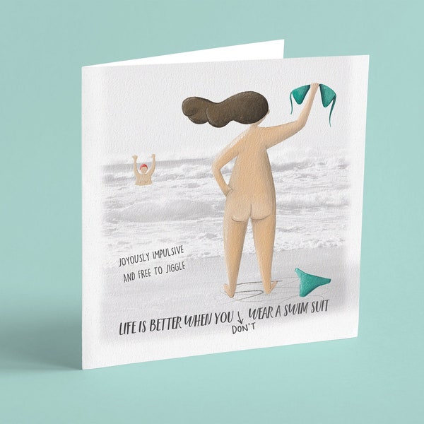 Skinny Dipping Swimmer - Funny Greetings Card - Wild Swimming Friendship - Naked Female Humour