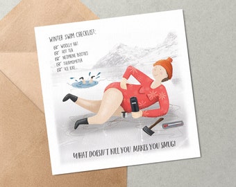 Wild Swimming Winter Checklist - Blank Greetings Card - Ice Cold Water Outdoor Swimming - Female Humour