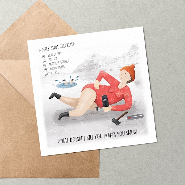 Wild Swimming Winter Checklist - Blank Greetings Card - Ice Cold Water Outdoor Swimming - Female Humour