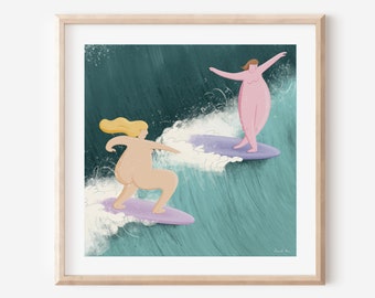 Surf's Up - Female Surfers - Giclee Art Print