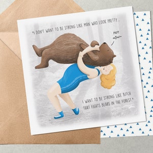 Combattre des ours dans la forêt - Carte de voeux - Femme forte - Humour féminin positif