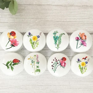 May include: Eight white ceramic cabinet knobs with watercolour floral and ladybug designs. Each knob features a different flower or insect illustration in shades of pink, yellow, blue, and green. The knobs are arranged on a light wood surface.