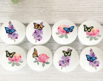Floral Butterfly Beech Wood Drawer Knobs: Furniture Handles