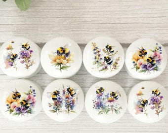Floral Bee Solid Beech Drawer Knobs: Furniture Handles, Dresser Knobs