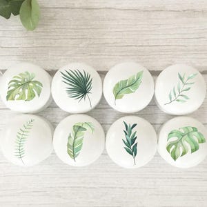 May include: Eight white cabinet knobs, each decorated with a different watercolour-style green leaf design. The knobs showcase various tropical leaf illustrations, such as monstera and palm leaves, ideal for a botanical theme.