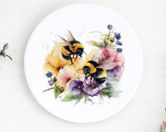 Bee Floral Ceramic Coaster: Drinks Coaster, Table Decor, Bee Tea/Coffee Coaster, Floral Gift.