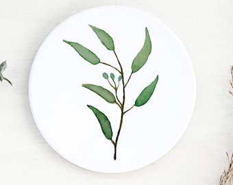 Green Leaves Ceramic Coasters: Drinks Coaster, Table Decor, Foliage Tea/Coffee Coaster, Eucalyptus Gift, botanical leaf coasters.