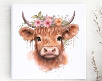 Highland Cow Ceramic Coaster: Drinks Coaster, Table Decor, Highland Cow/Coffee Coaster, Round, Square